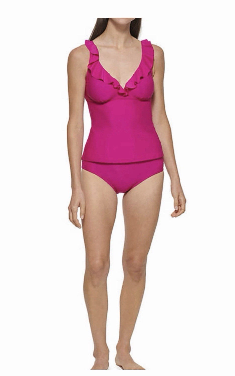 NWT DKNY 2-Pieces Ruffle Plunge Tankini Swimsuit Women's XL Fiesta Pink