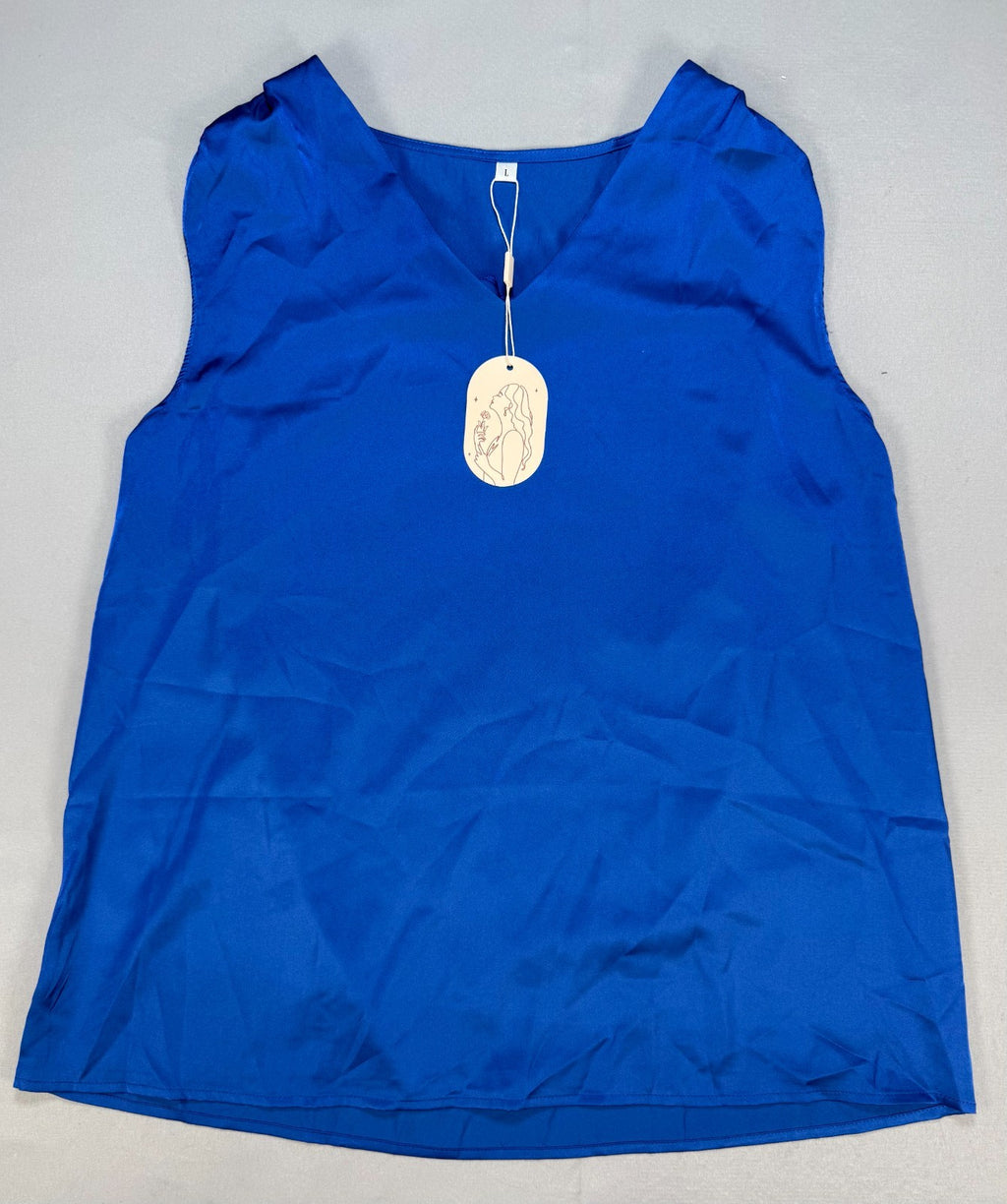 NWT Matahari The Label Satin V-Neck Tank Top Women Royal Blue Sleeveless Blouse