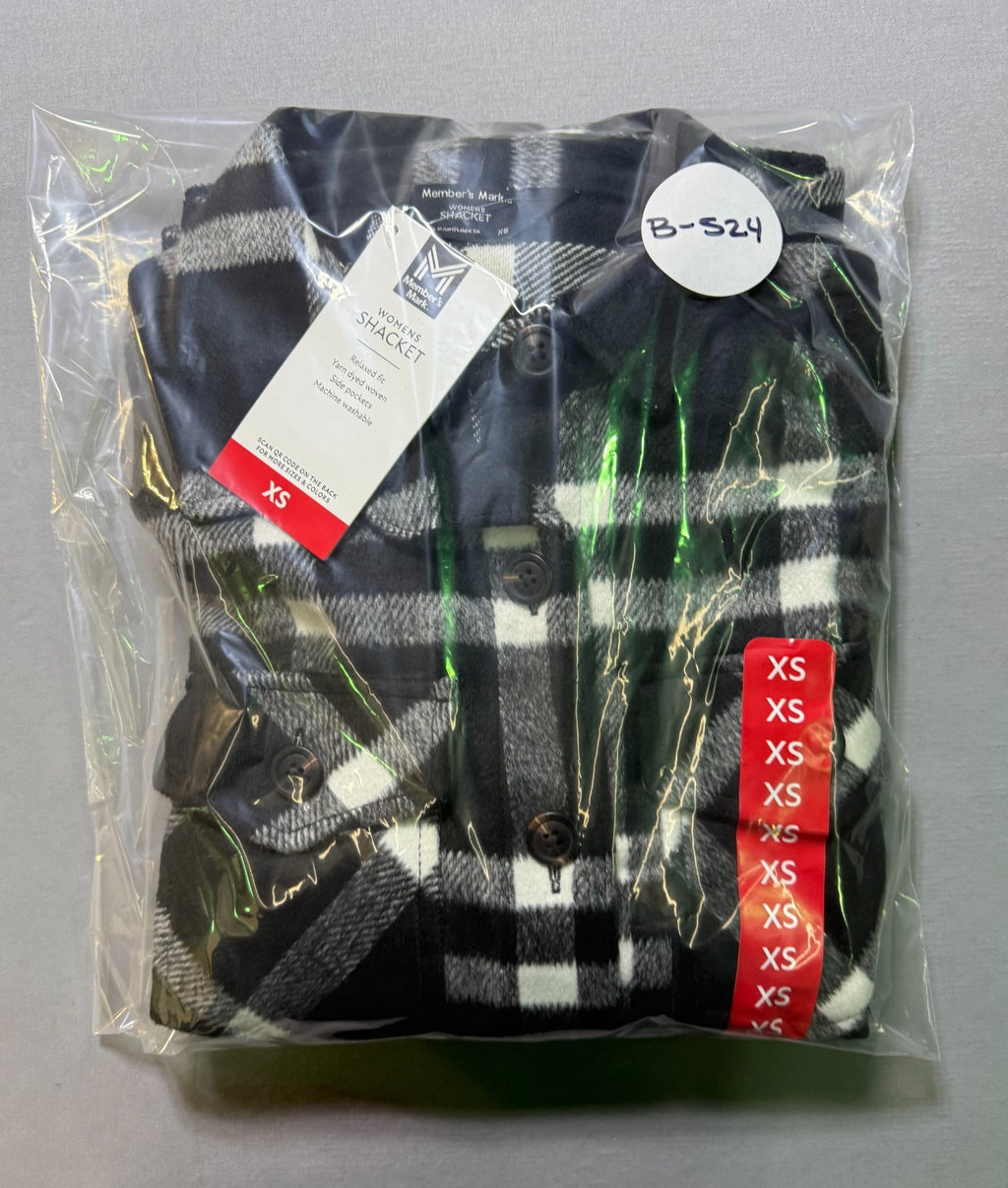 NWT Member's Mark Button-Front Plaid Shacket Women's XS Black/White Flap Pockets