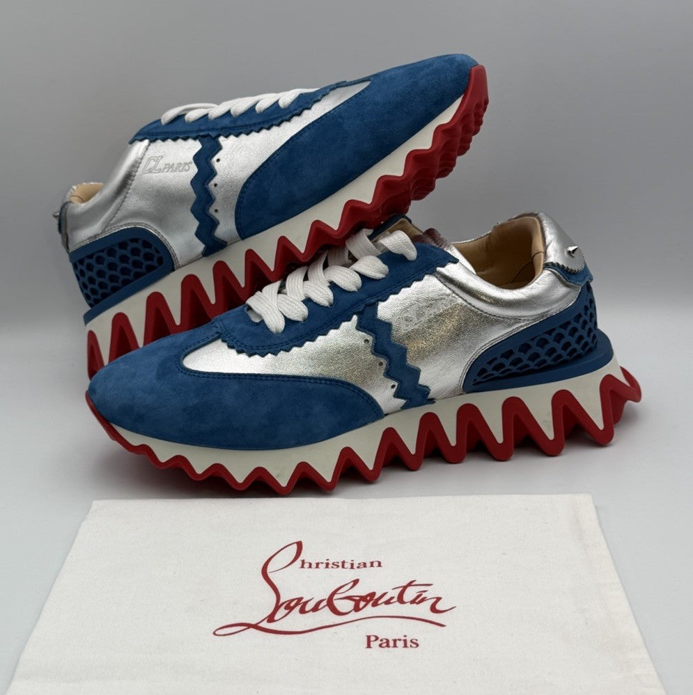 Christian Louboutin Loubishark Flat Ludwig Blue Suede Silver Size 40.5 EU 7.5 US