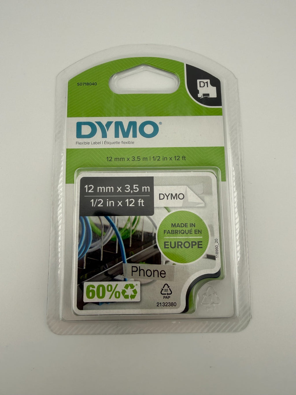 NEW Dymo D1 Flexible Nylon Label Tape Black on White S0718040 - 12mm 1/2" x 12ft