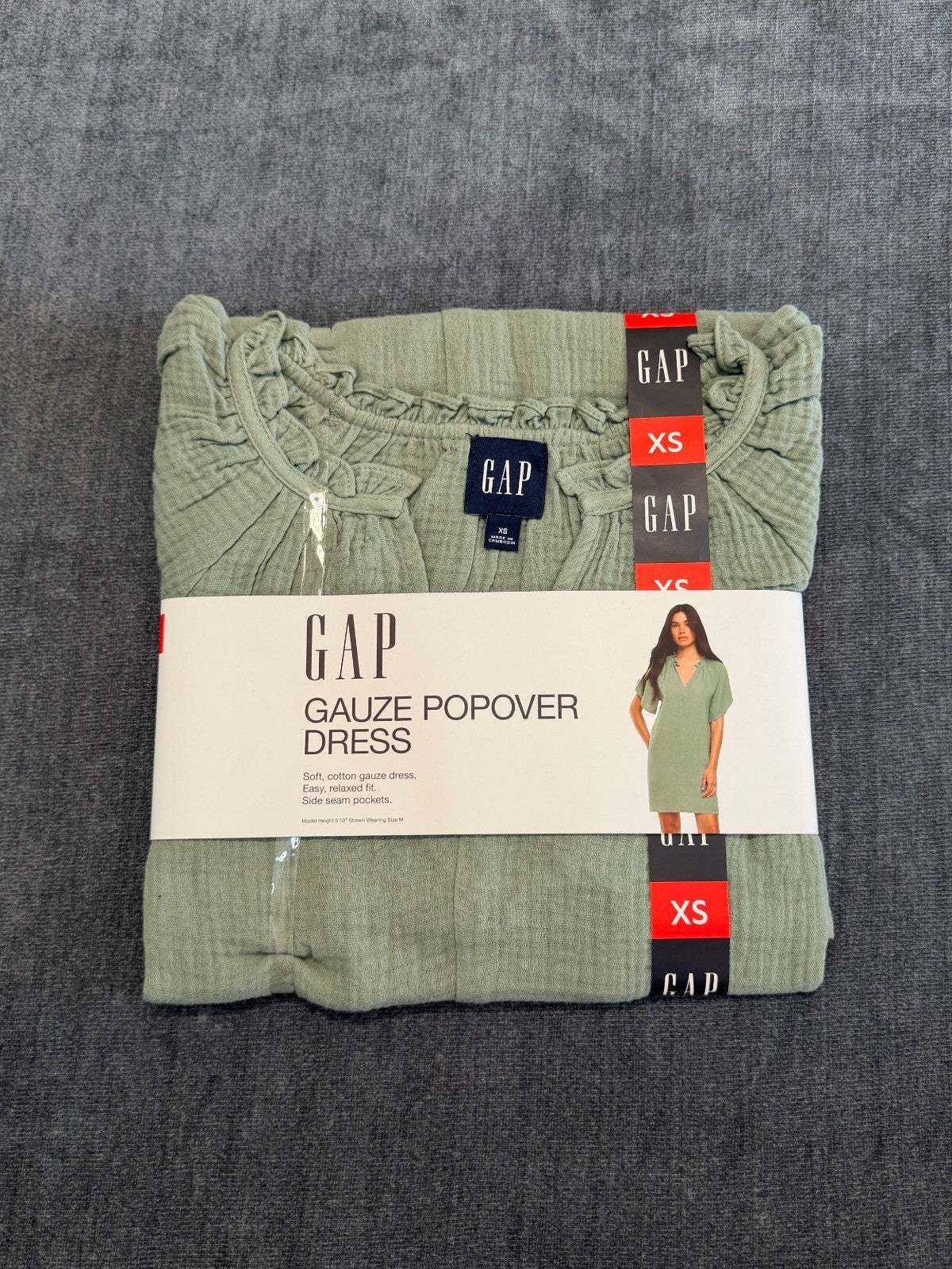 NWT Gap Gauze Popover Dress Women XS Green Short Sleeve Deep V-Neck 100% Cotton