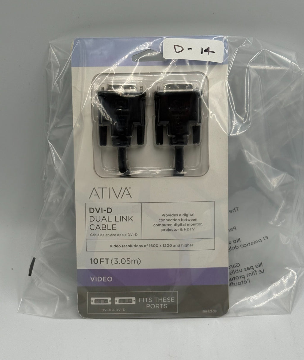 New Ativa 10 Foot DVI-D Dual Link Male to Male Digital Video Cable - 1600x1200