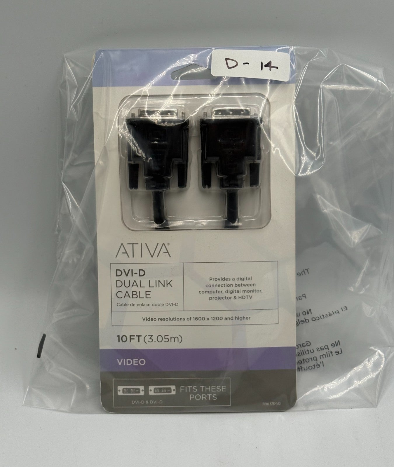 New Ativa 10 Foot DVI-D Dual Link Male to Male Digital Video Cable - 1600x1200