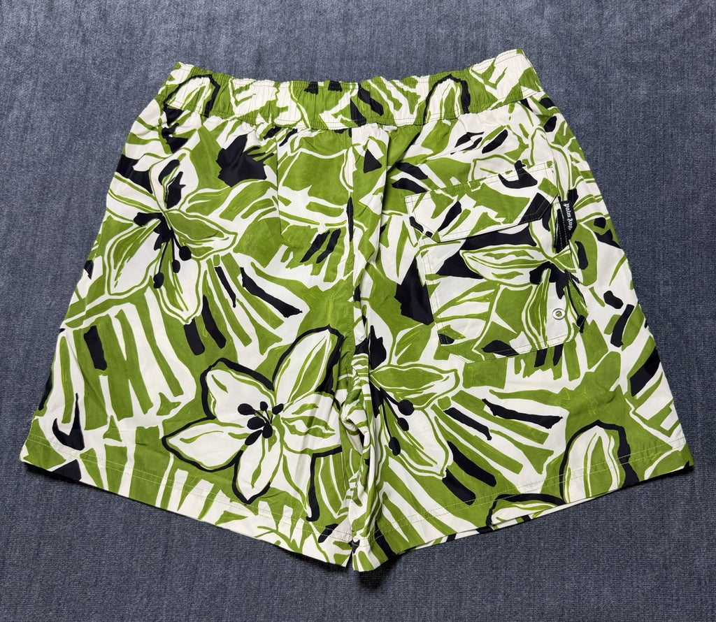 NWT Palm Angels Macro Hibiscus Swim Shorts Men Large Green/White 100% Polyester