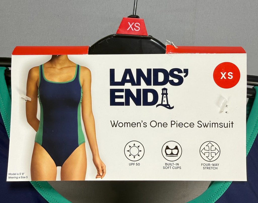 NWT Lands' End Fully Lined Scoop Neck One-Piece Swimsuit Women's XS Blue/Green