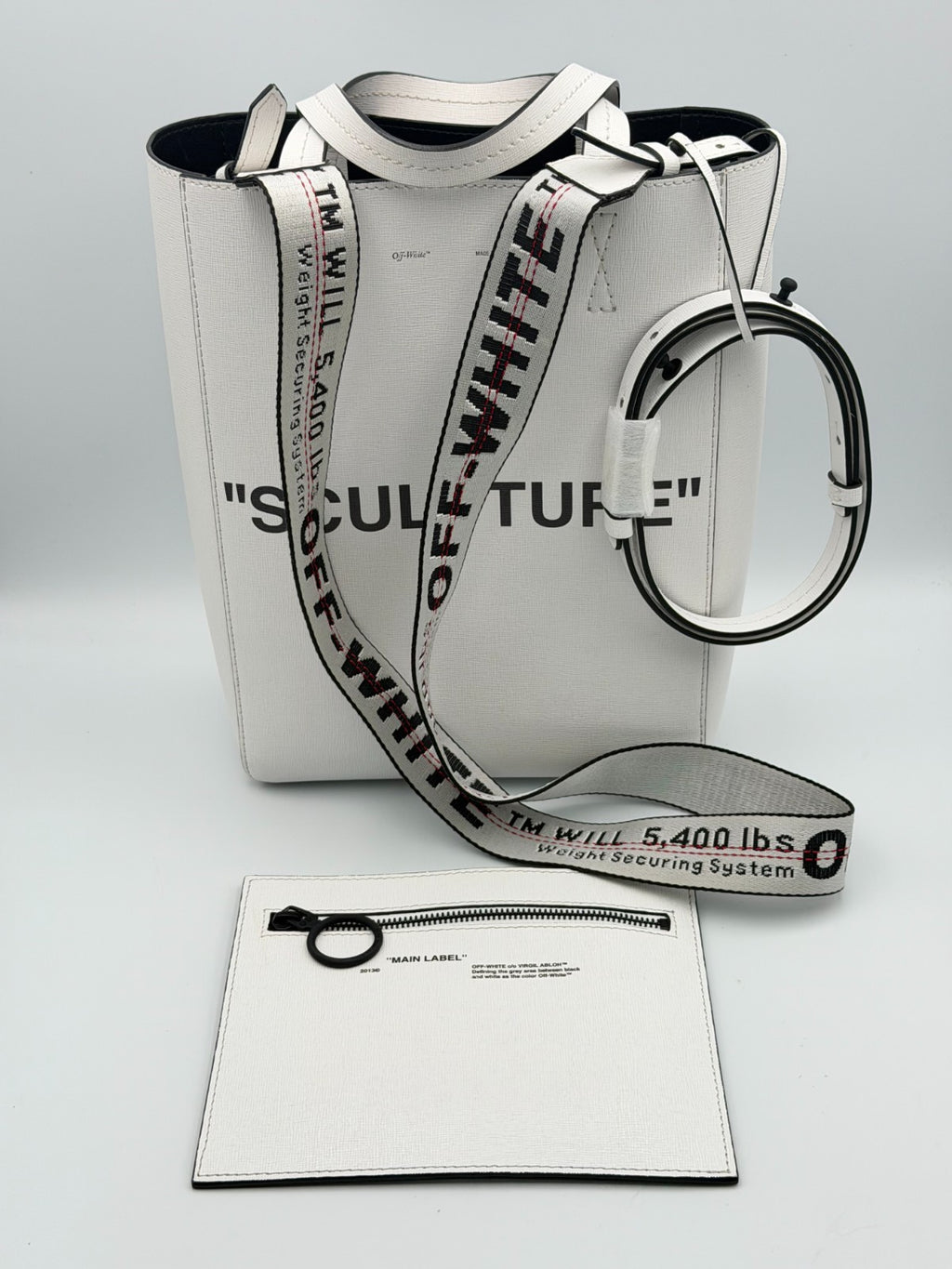 Off-White Sculpture Tote Bag Women White Leather Industrial Strap Luxury Handbag
