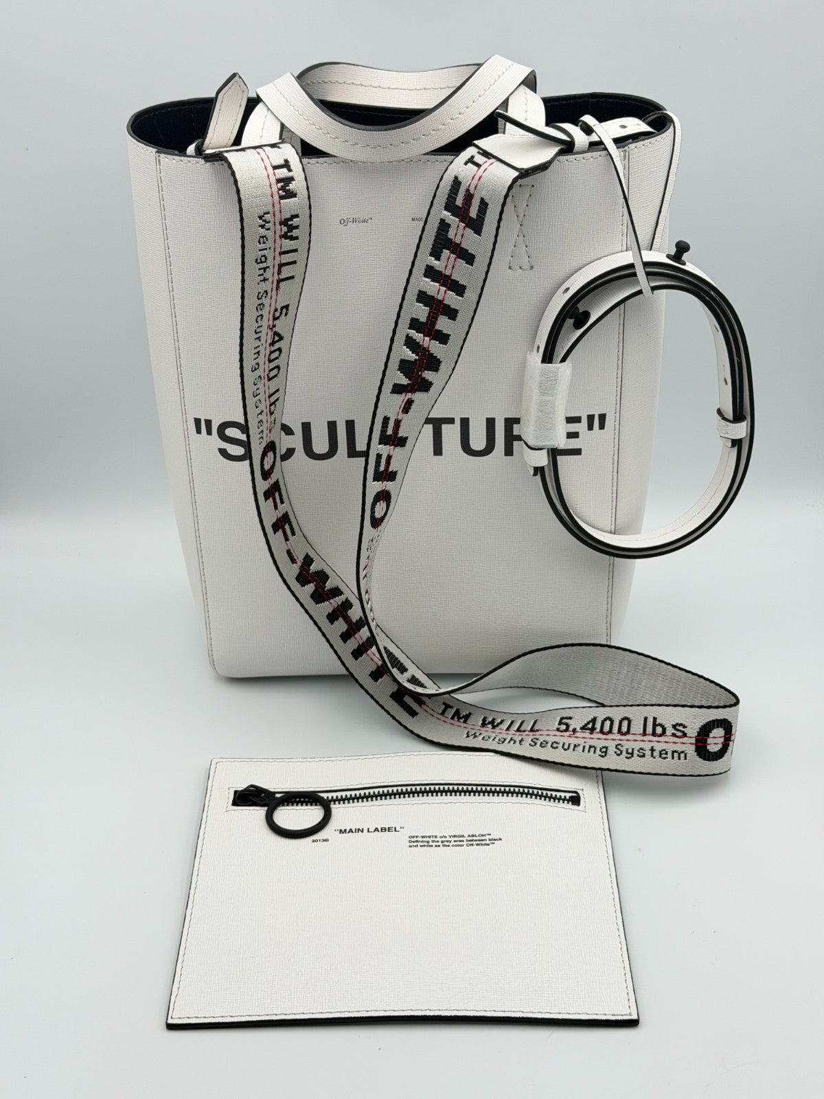 Off-White Sculpture Tote Bag Women White Leather Industrial Strap Luxury Handbag