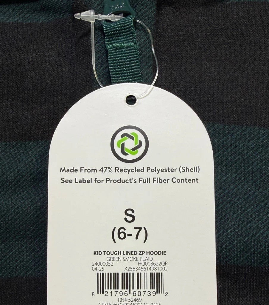 Wonder Nation Tough Fully Lined Zip Hoodie Kids Small (6-7) Green Smoke Plaid