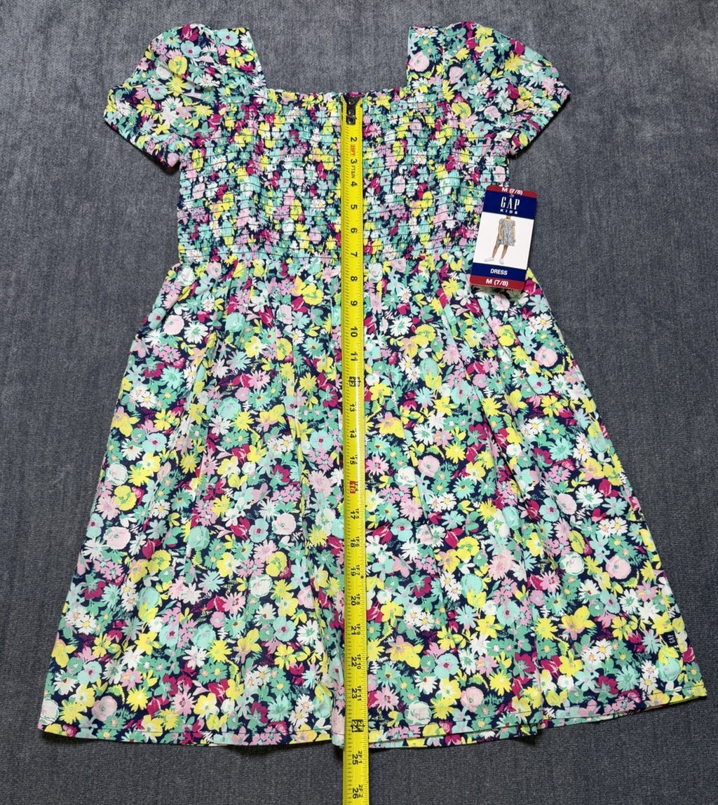 NWT Gap Knee Length Smocked Dress Girls M (7/8) Multicolor Floral Short-Sleeve