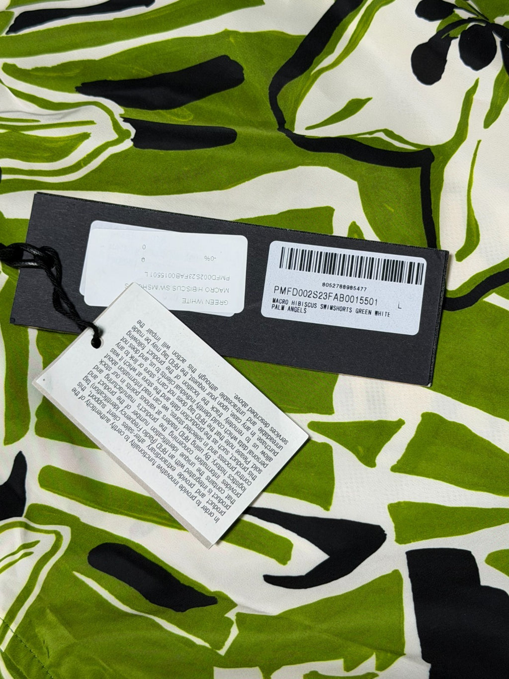 NWT Palm Angels Macro Hibiscus Swim Shorts Men Large Green/White 100% Polyester