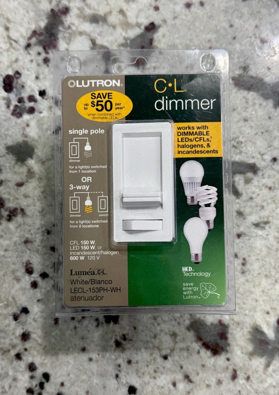 Lutron LECL-153PH Lumea C•L Single Pole/3-Way, Preset Dimmer White LECL-153PH-WH