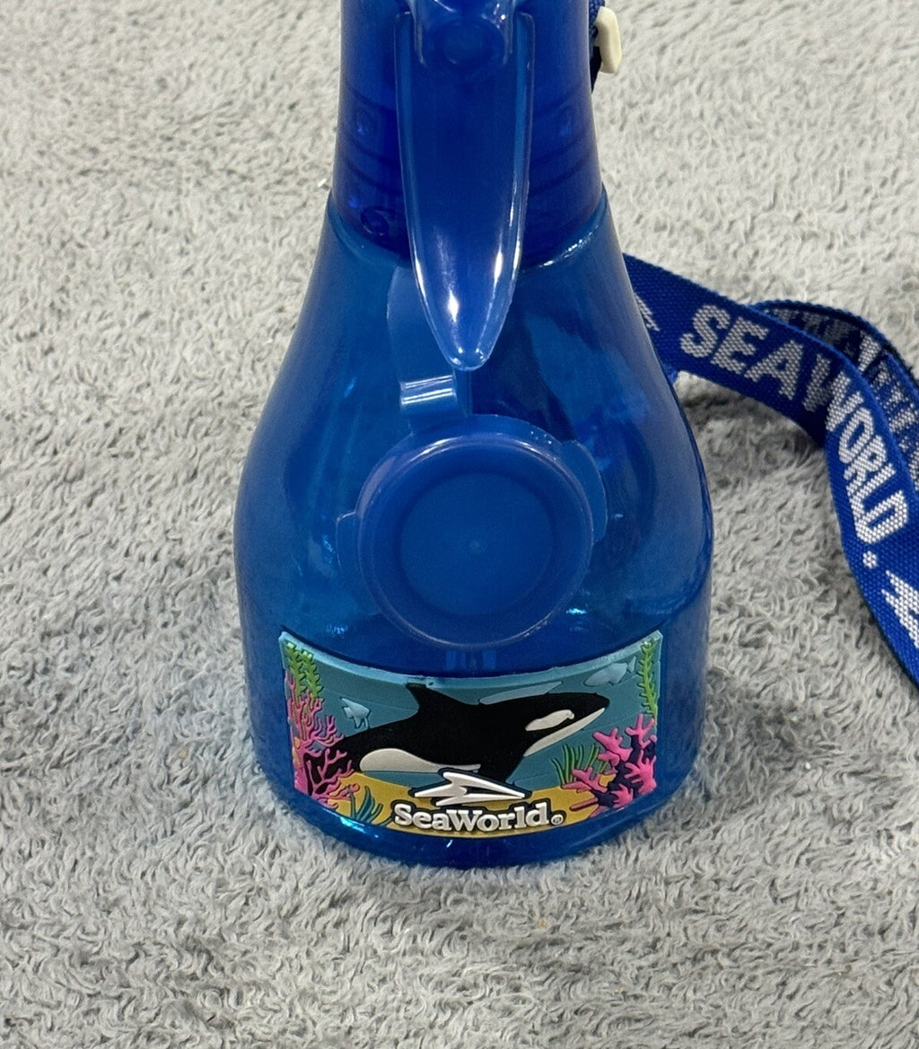 SeaWorld Theme Park Misting Fan Orca Y2K Souvenir Bottle W/ Lanyard Blue