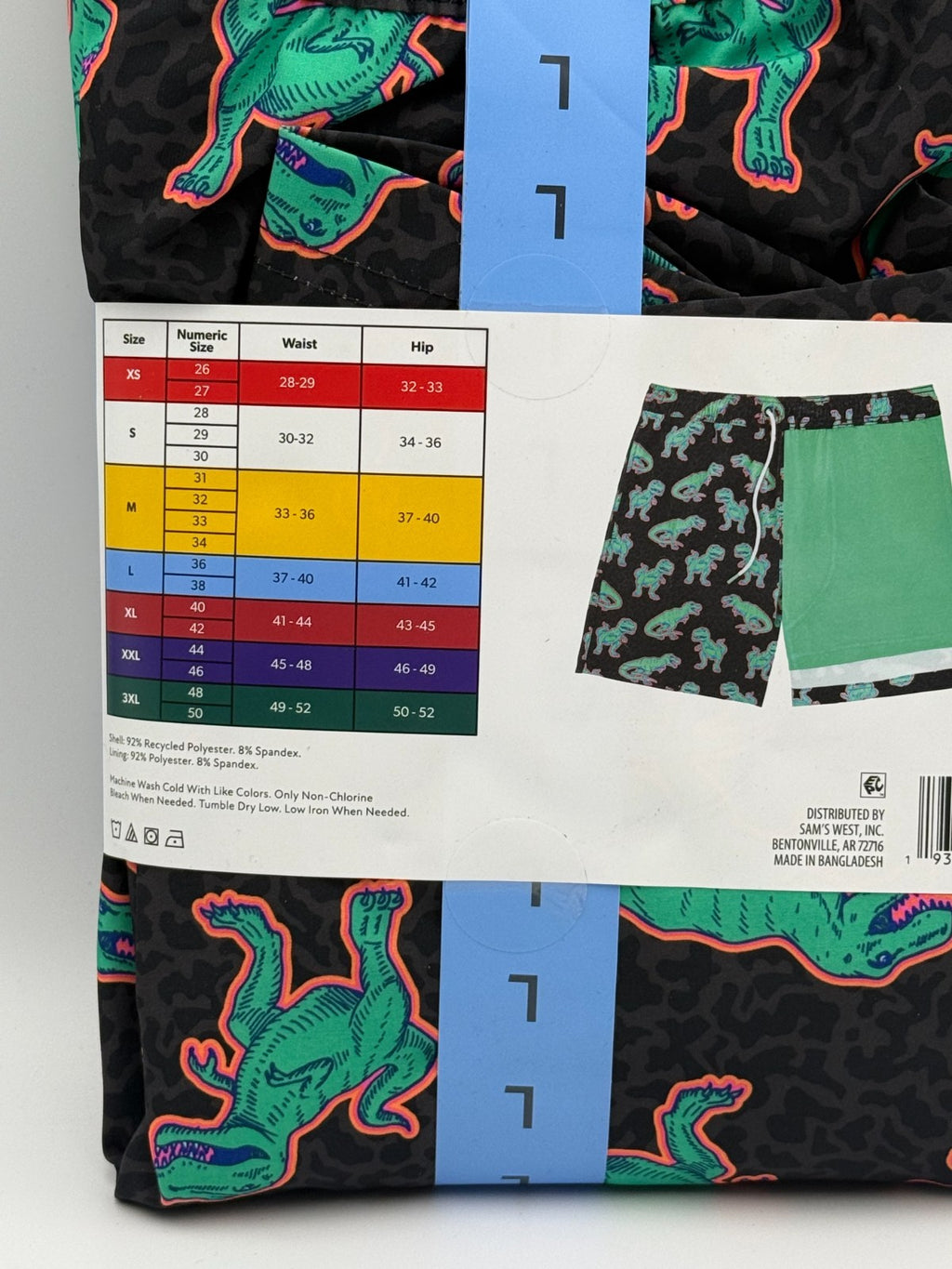 NWT Member's Mark Resort Swim Trunks Men's Large Black Dinosaur Lined 7" Inseam