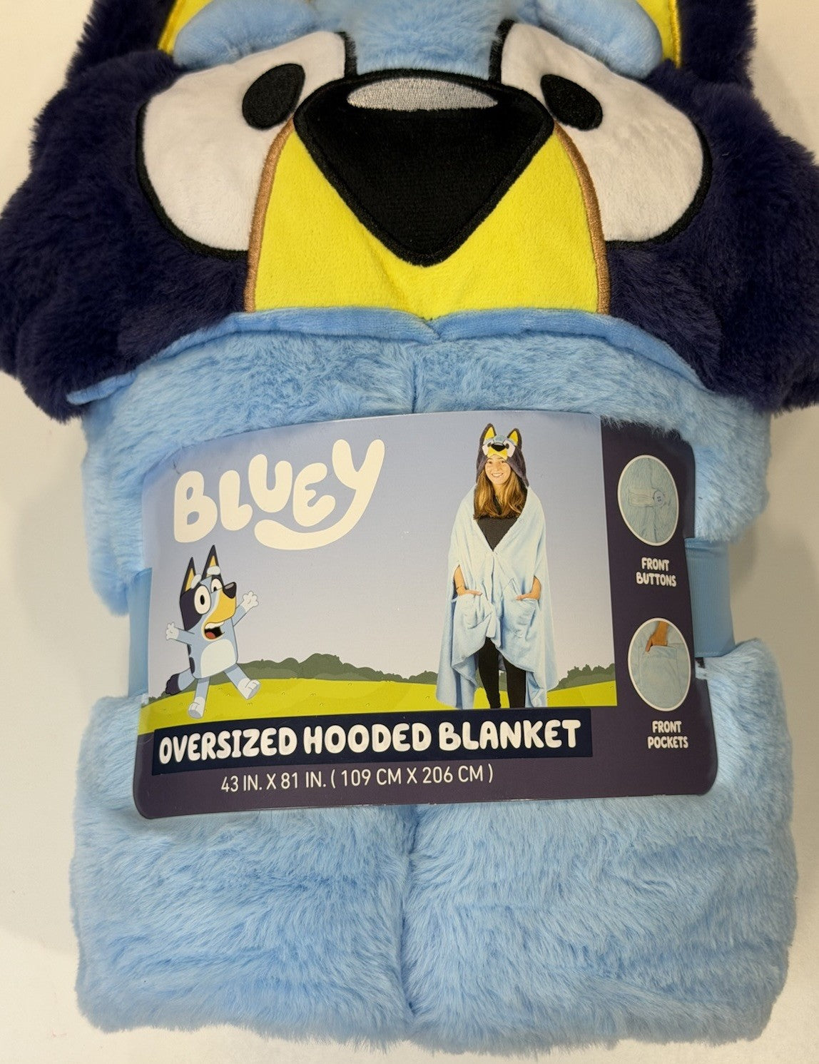 Bluey Oversized Large Adult Hooded Blanket 43”X81” Pockets & Buttons -BLUE | NEW