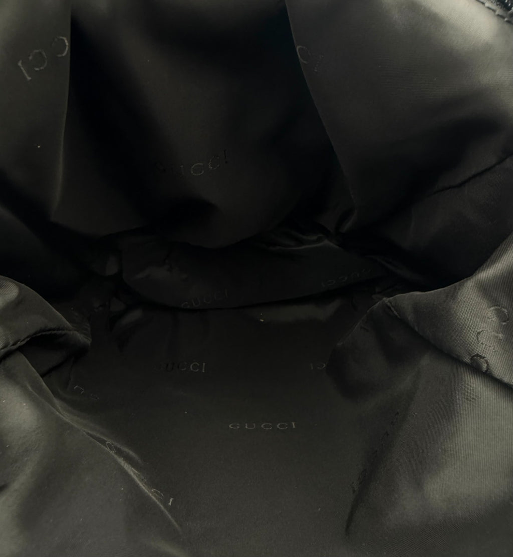 Gucci Backpack Unisex Nylon Leather Black Embossed Logo Flap Drawstring Buckle