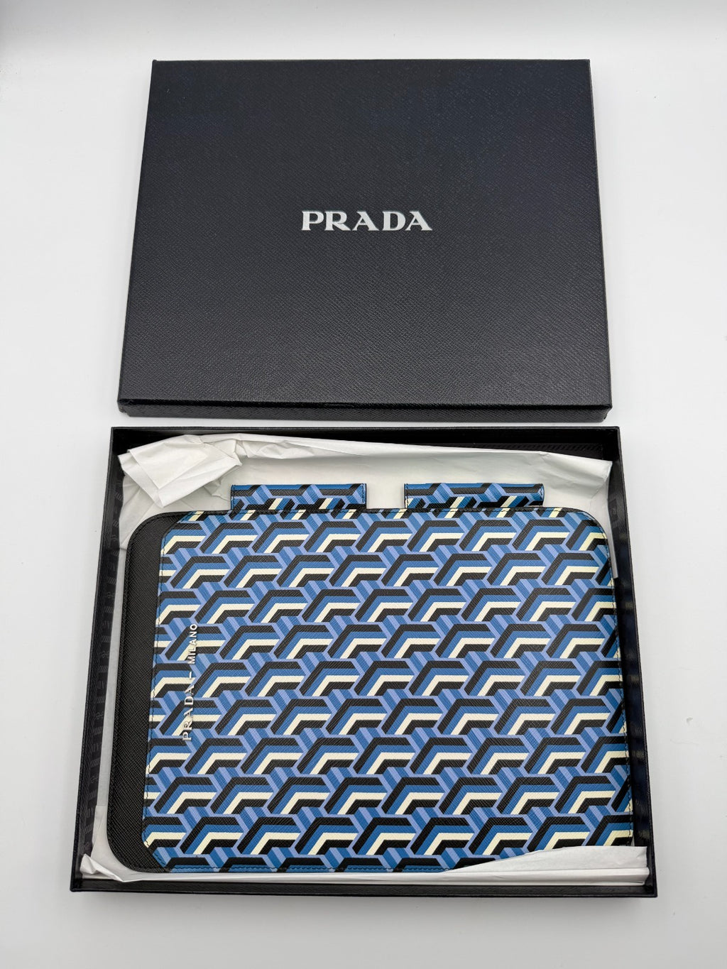 NEW Authentic Prada leather iPad Tablet Case Blue Geometric Saffiano Twist
