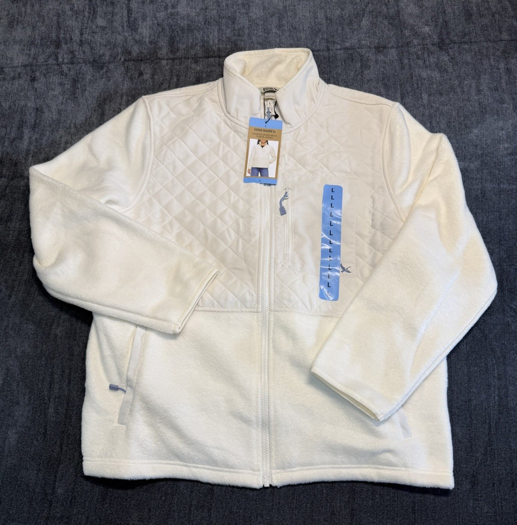 Eddie Bauer Mixed Media Fleece Jacket Women's Large White Cream Full Zip Casual