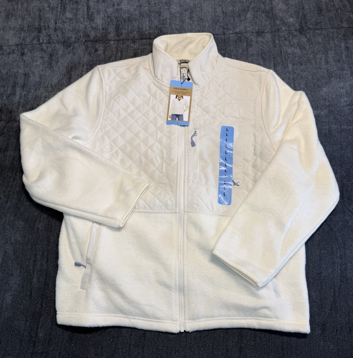 Eddie Bauer Mixed Media Fleece Jacket Women's Large White Cream Full Zip Casual