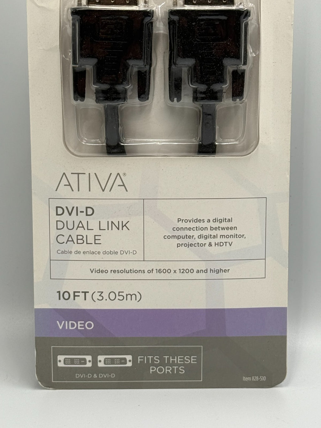 New Ativa 10 Foot DVI-D Dual Link Male to Male Digital Video Cable - 1600x1200