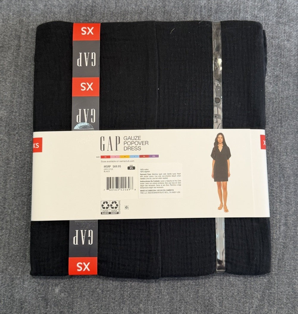Gap Gauze Popover Dress Women's XS Black Short Sleeve Deep V-Neck 100% Cotton