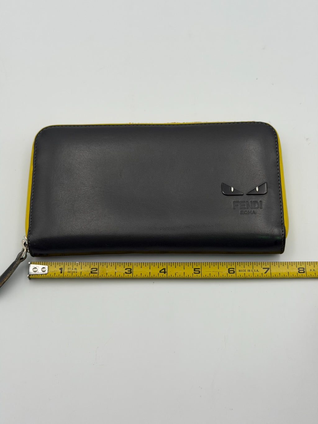 Fendi Monster 7M0210 Bug Eyes Zip Around Long Wallet Black Leather Yellow Trim