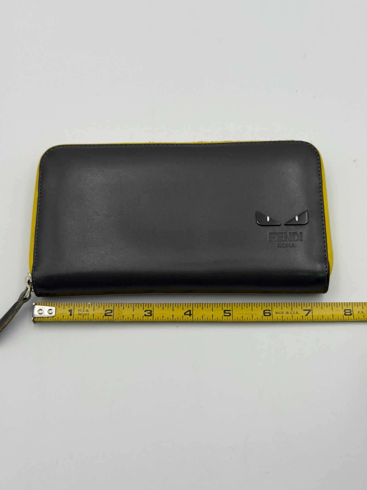Fendi Monster 7M0210 Bug Eyes Zip Around Long Wallet Black Leather Yellow Trim