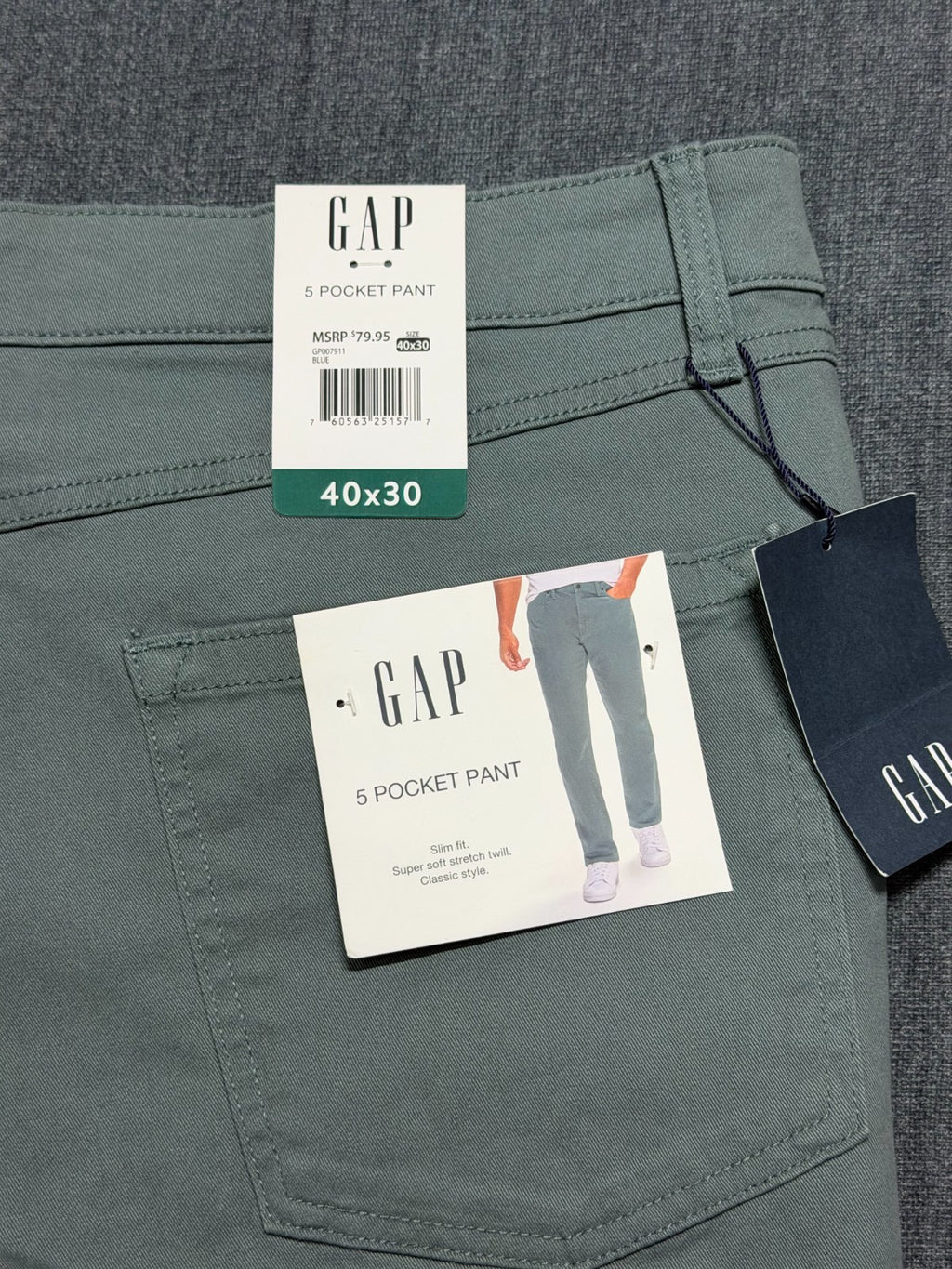 NWT Gap Slim Fit Stretch Twill Pants Men's 40X30 Blue Zip-Fly Classic 5-Pockets