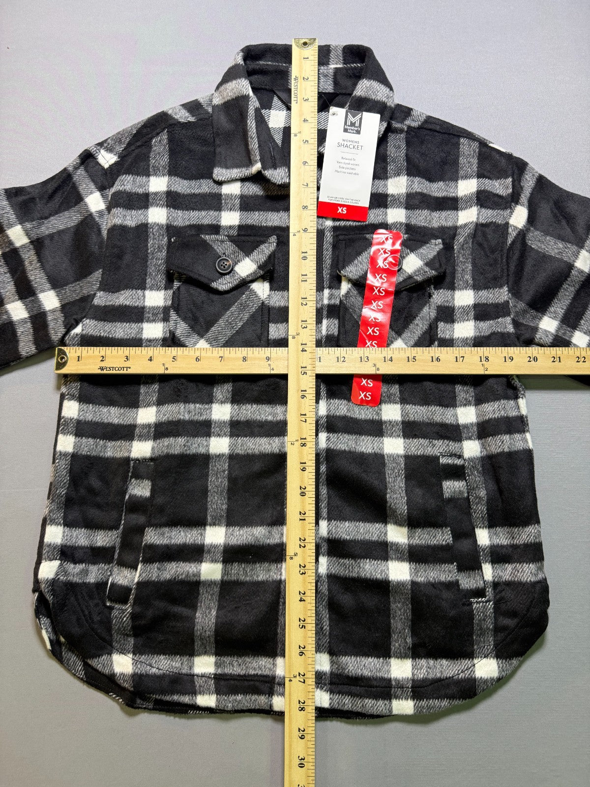 NWT Member's Mark Button-Front Plaid Shacket Women's XS Black/White Flap Pockets