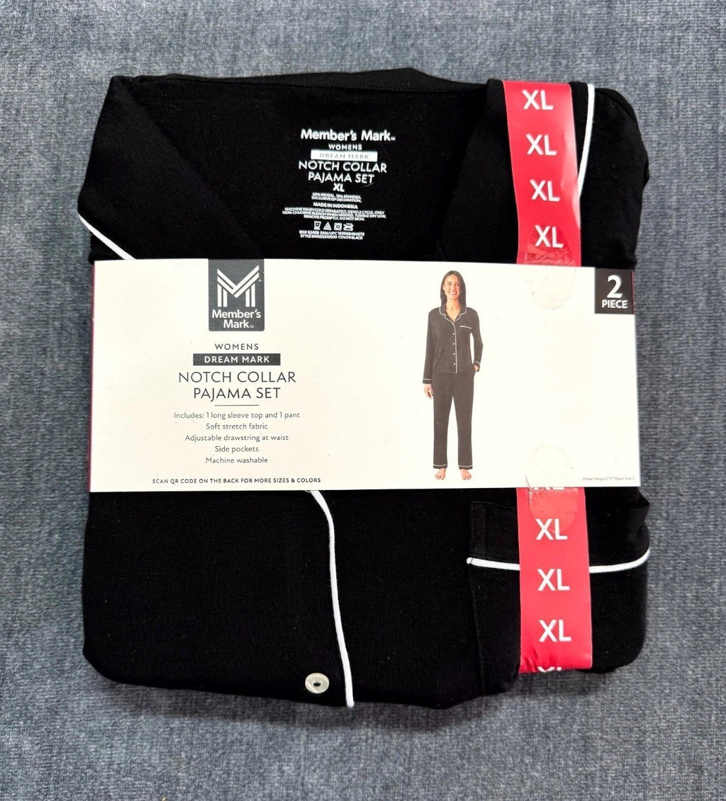 NEW Members Mark Notch Collar Pajama Set 2-Piece Women's XL Black Long-Sleeve