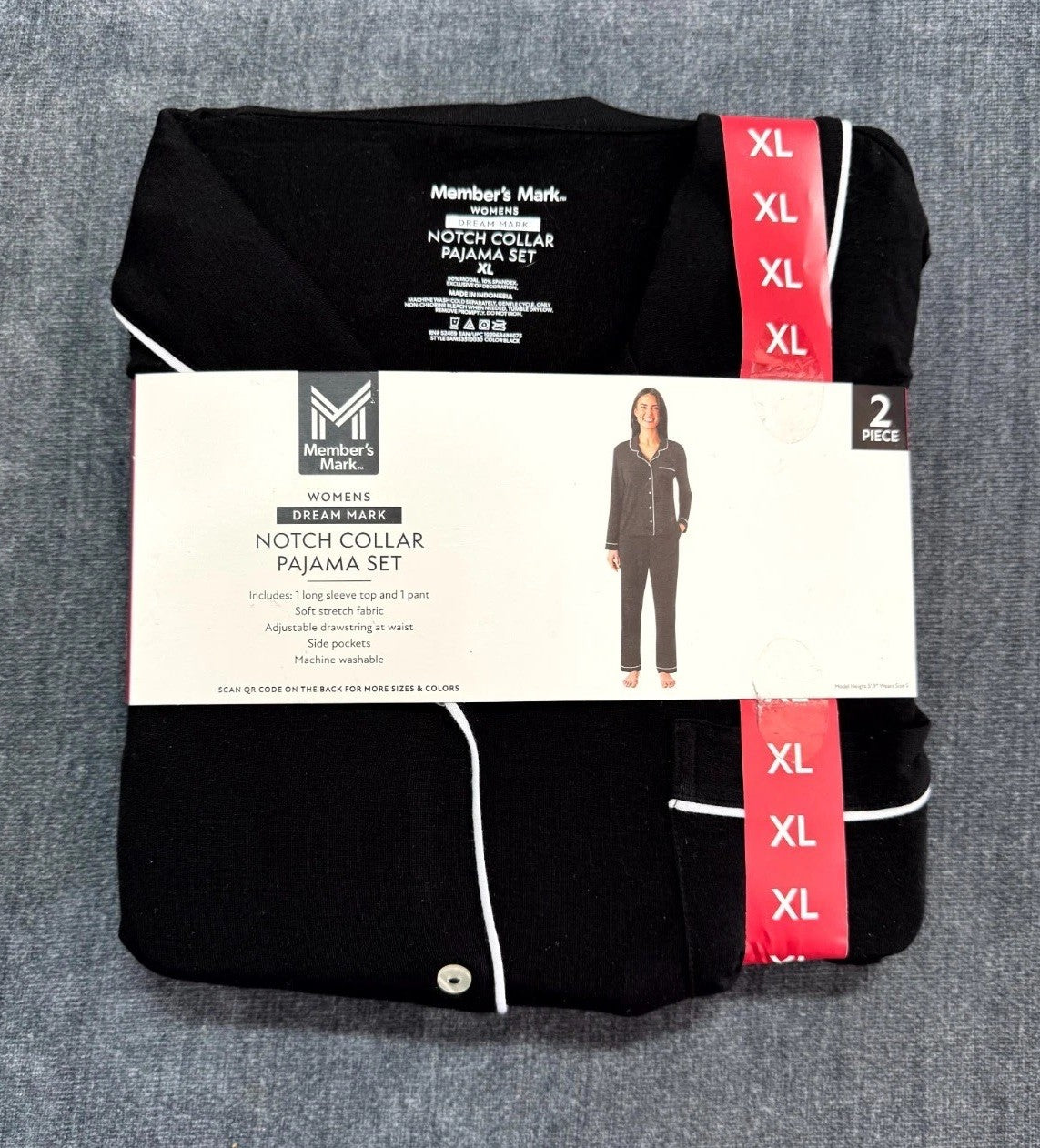 NEW Members Mark Notch Collar Pajama Set 2-Piece Women's XL Black Long-Sleeve