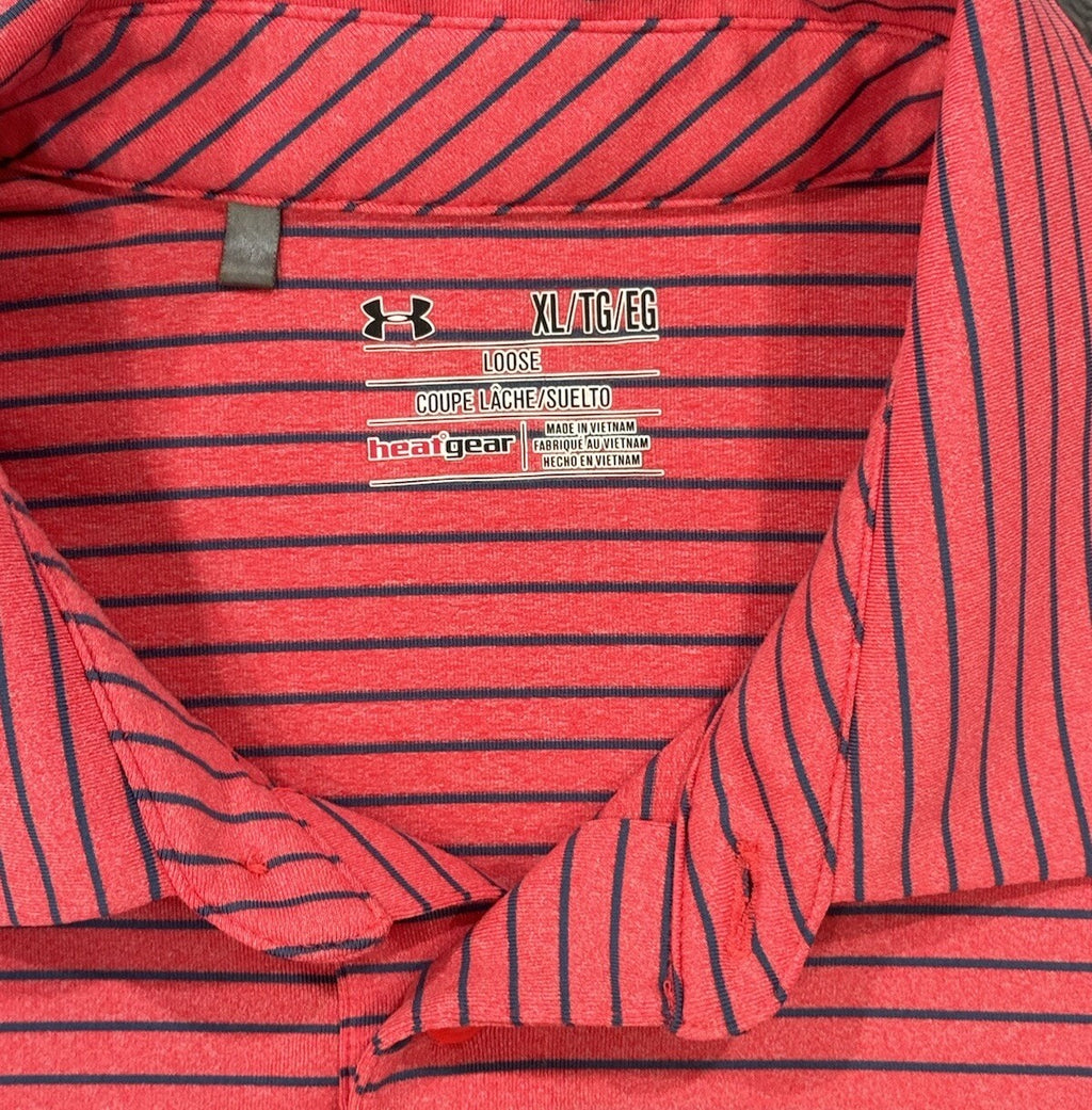 Under Armour Men's Heatgear XL Loose Fit Pollo Golf Shirt Red w/ Blue Stripes