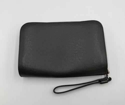 Authentic Louis Vuitton Taiga Baikal Clutch Bag Women Black Logo Genuine Leather