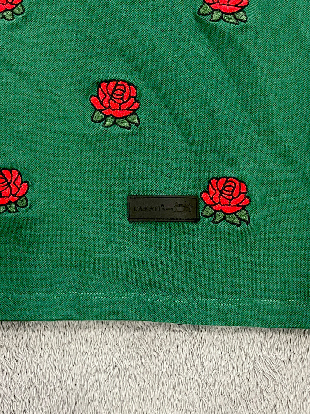 Damati Men's Size Large (L) Polo Short Sleeve Roses Embroidered Green Cotton