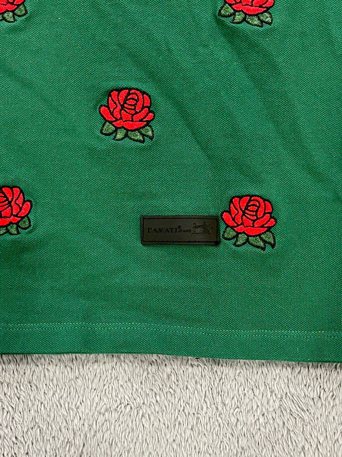 Damati Men's Size Large (L) Polo Short Sleeve Roses Embroidered Green Cotton