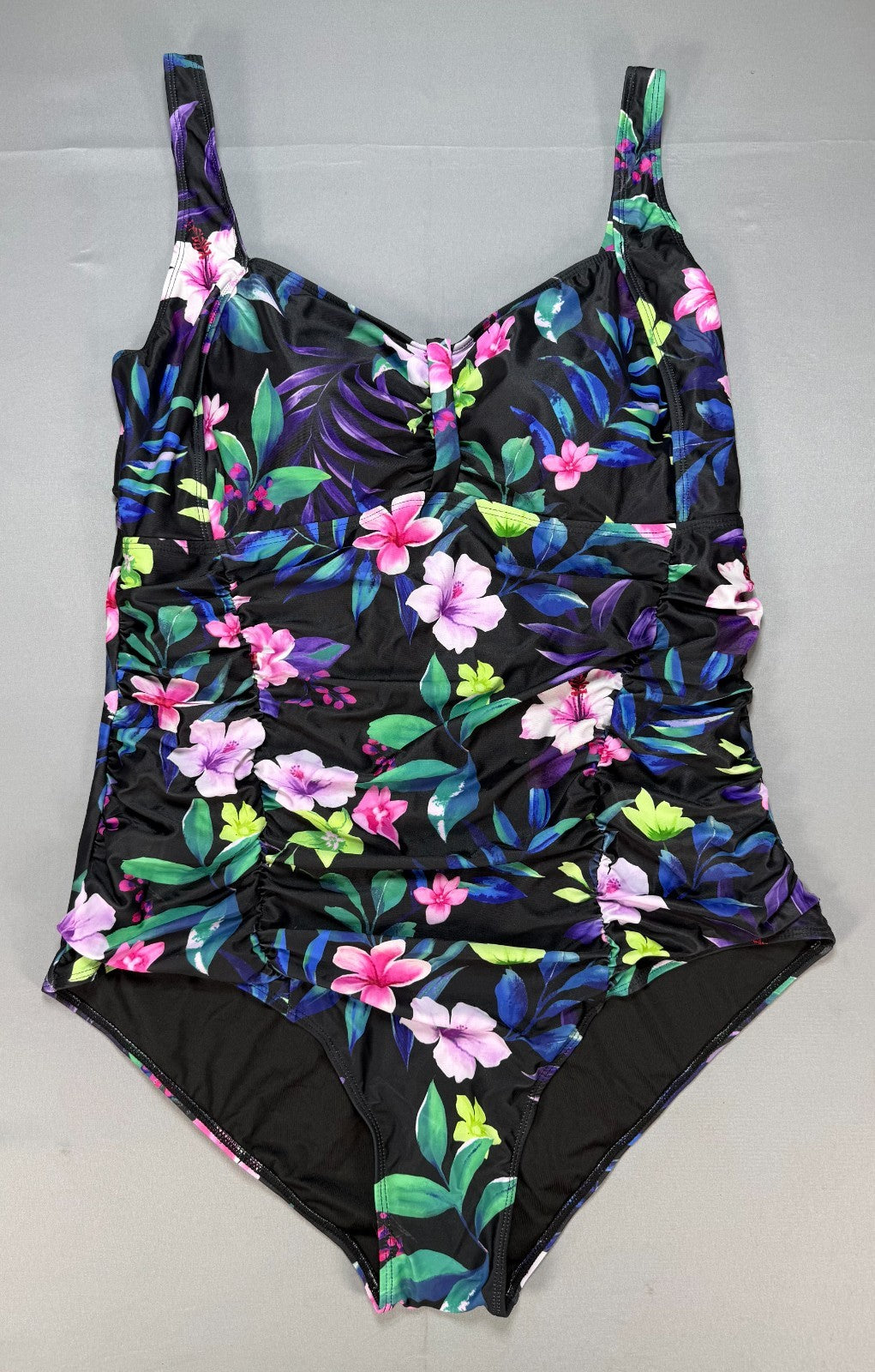 NWT Daci One Piece Swimsuit Women 22W Black Tropical Tummy Control Ruched Floral