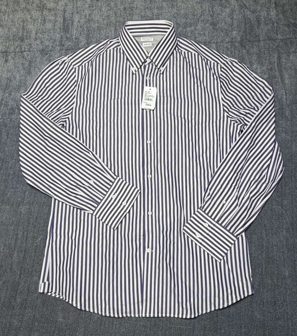 Brunello Cucinelli Button-Up Shirt Men's 2XL Blue/White Striped Slim Fit Collar