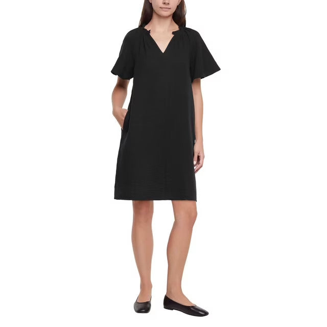 Gap Gauze Popover Dress Women's XS Black Short Sleeve Deep V-Neck 100% Cotton