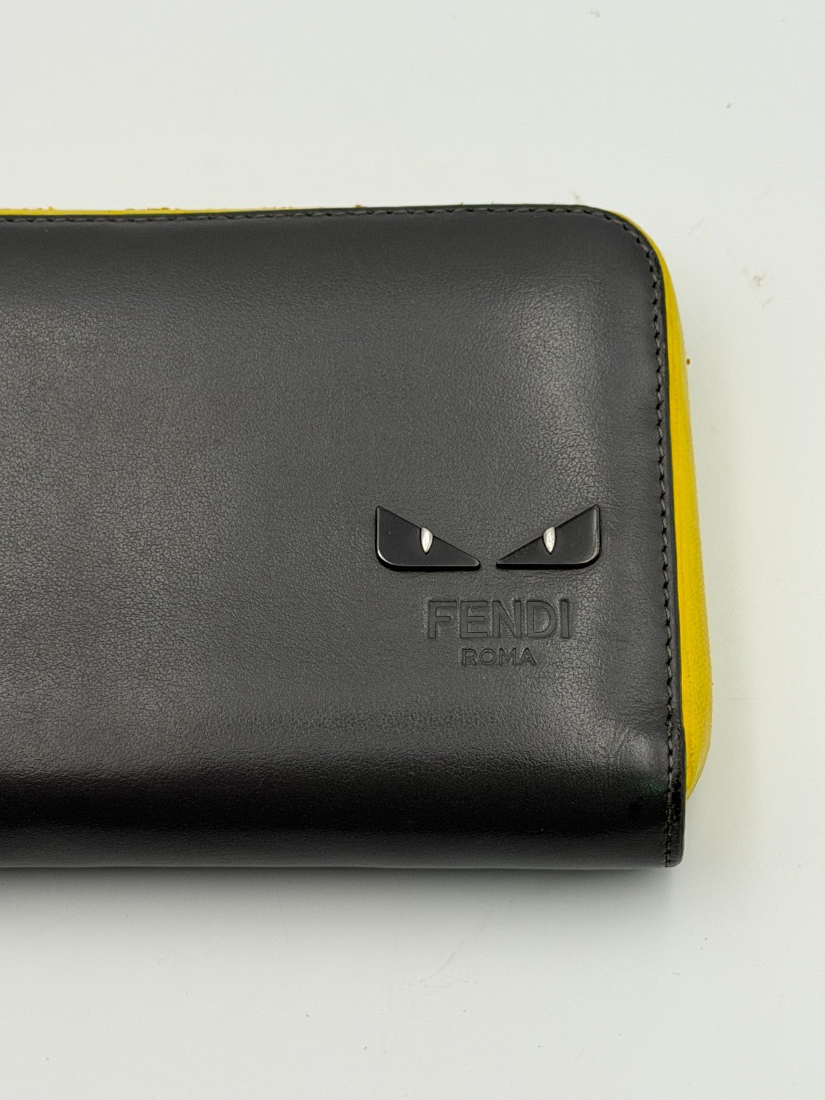 Fendi Monster 7M0210 Bug Eyes Zip Around Long Wallet Black Leather Yellow Trim