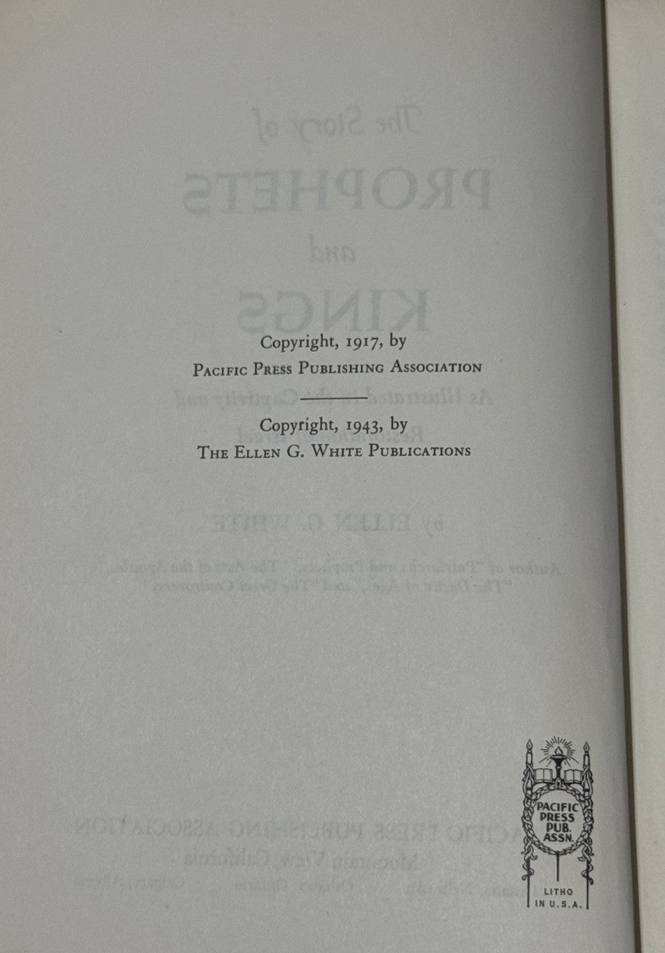 "Prophets and Kings" by Ellen White Copyright 1943 First Edition