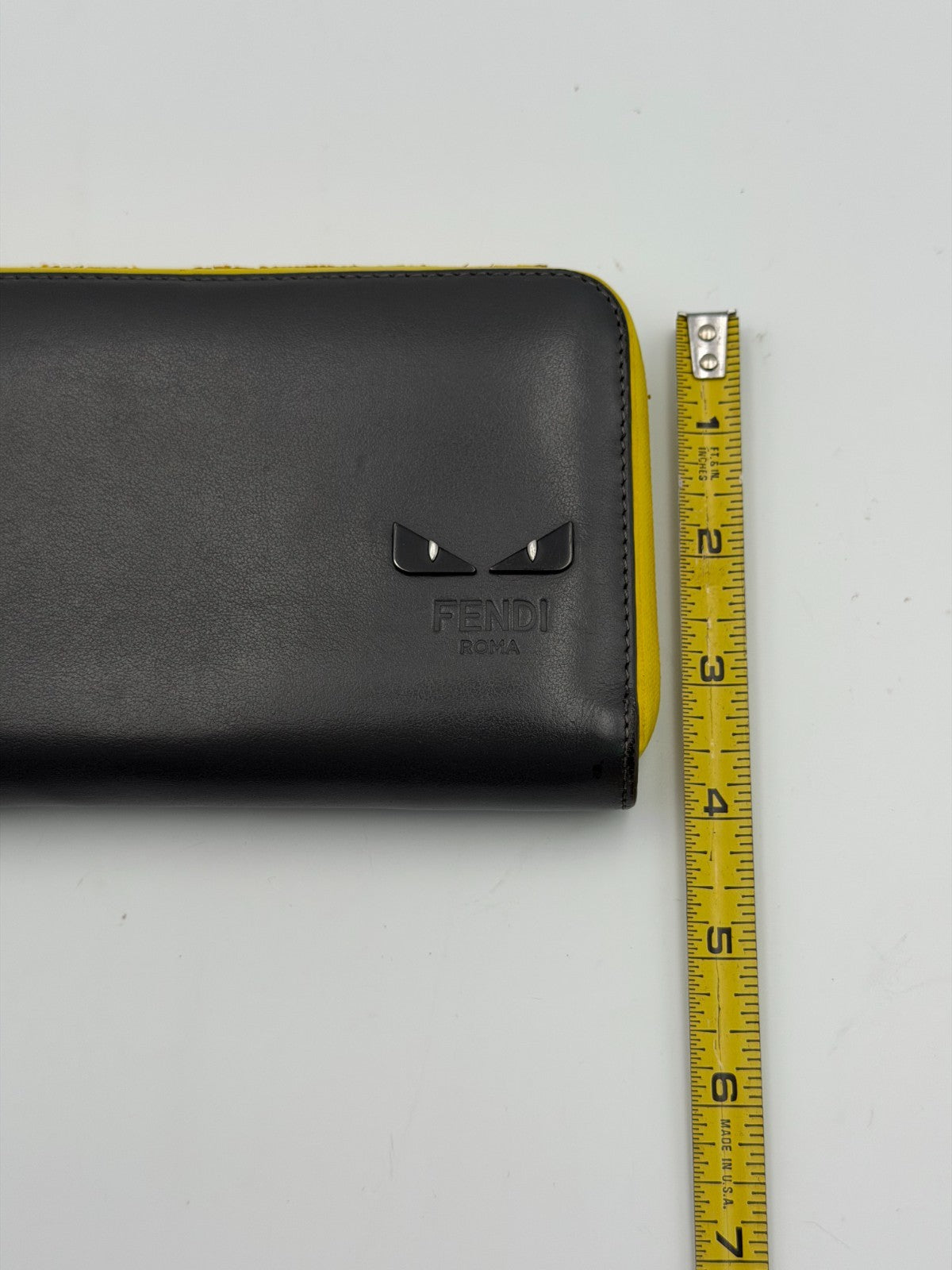 Fendi Monster 7M0210 Bug Eyes Zip Around Long Wallet Black Leather Yellow Trim