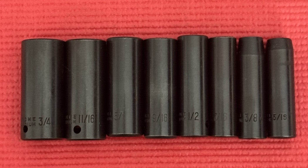 Vintage Chrome Vanadium 9 Pc 3/8" Drive Deep Impact Socket Set SAE W/Metal Case