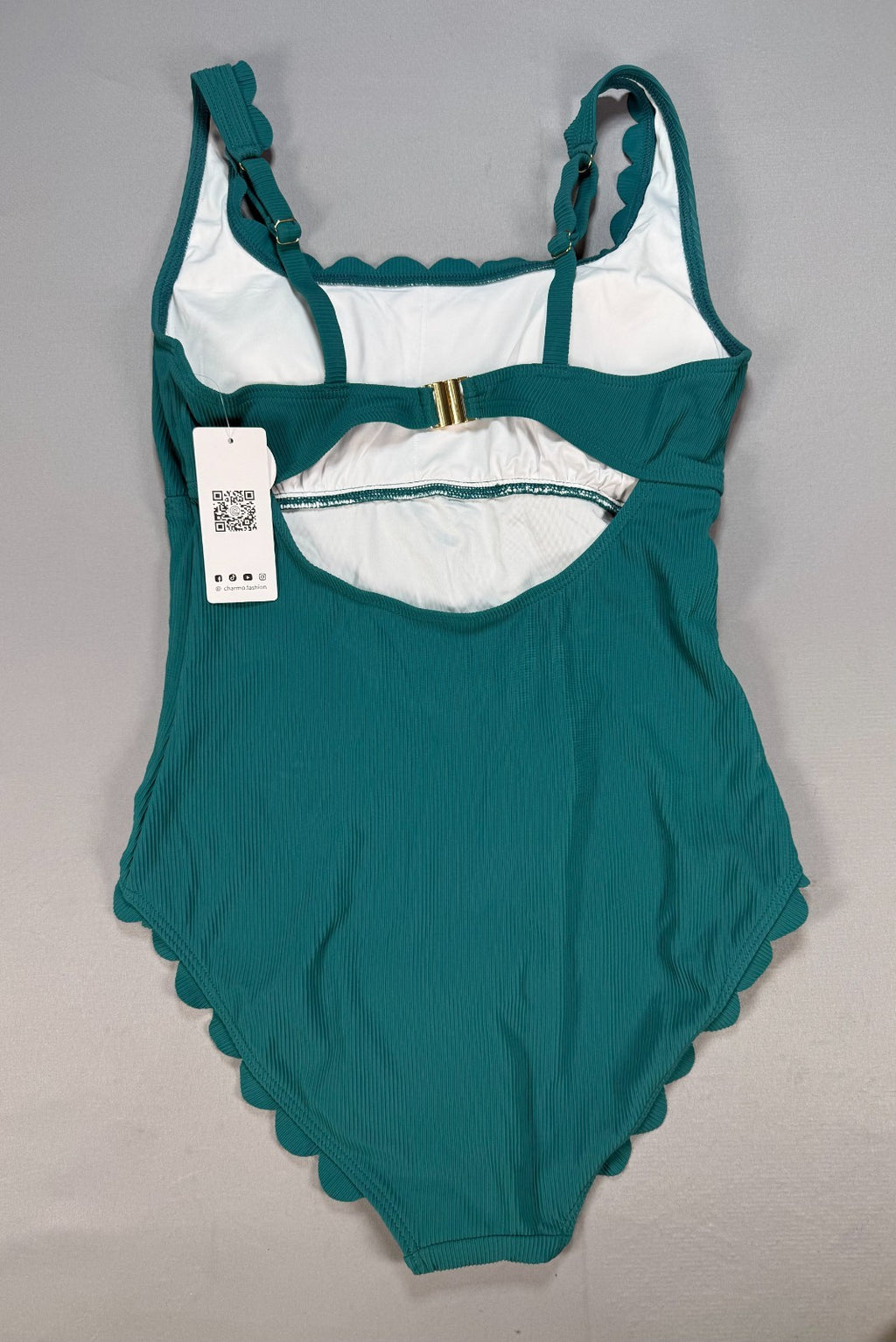 Charmo Ribbed Scalloped One Piece Swimsuit Womens Teal Green Retro Square Neck M