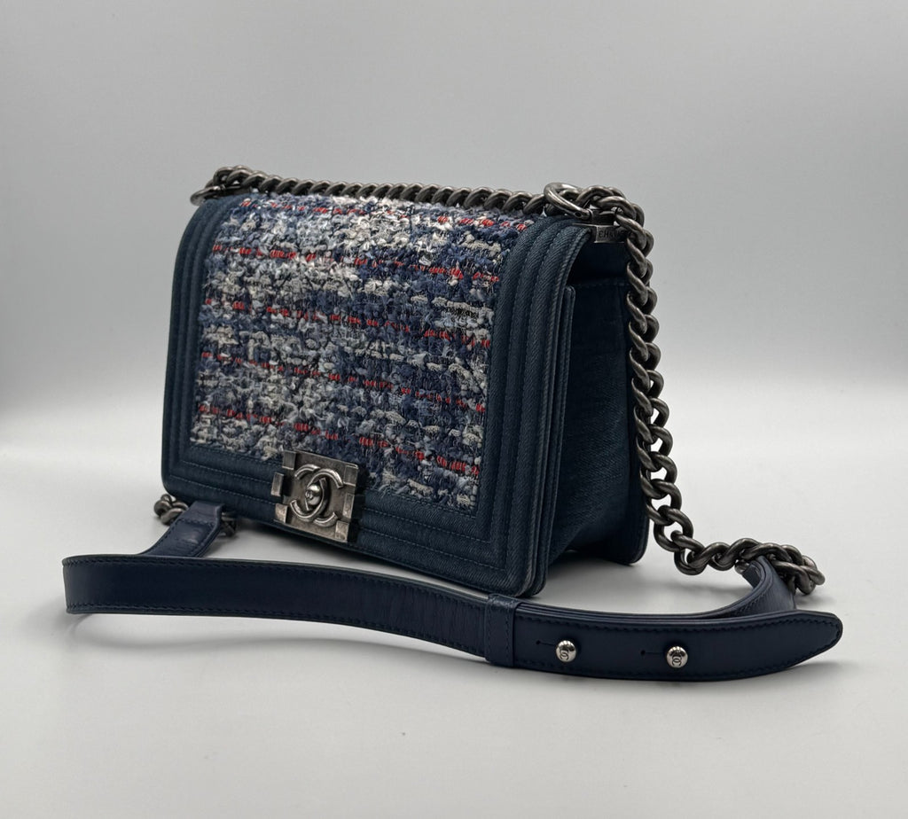 Chanel Shoulder Bag Boy Medium Navy Blue Denim Tweed Streetwear Authentic
