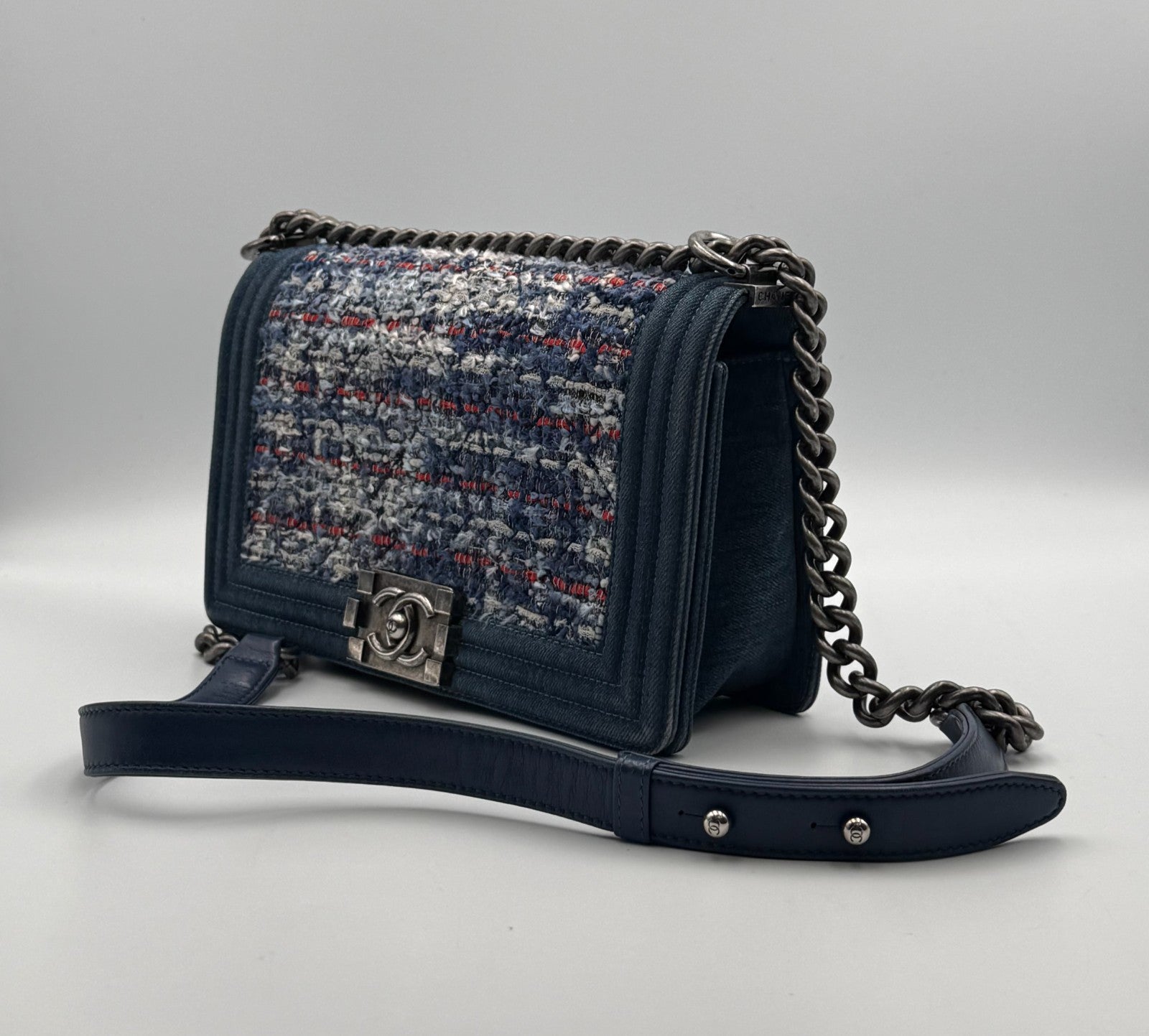 Chanel Shoulder Bag Boy Medium Navy Blue Denim Tweed Streetwear Authentic