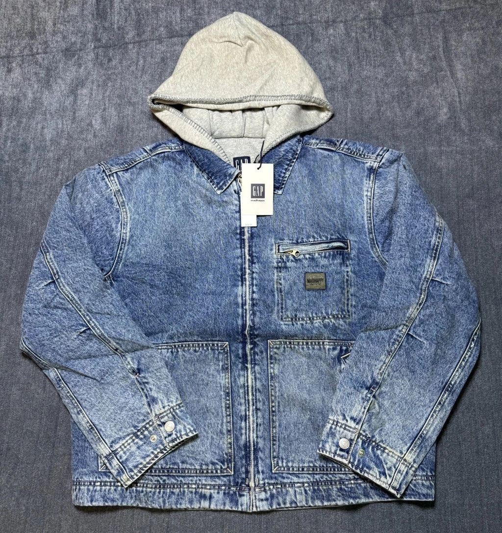 Gap X MadHappy Denim Jacket Men's Medium Blue Full-Zip Hooded Long Sleeve Collar