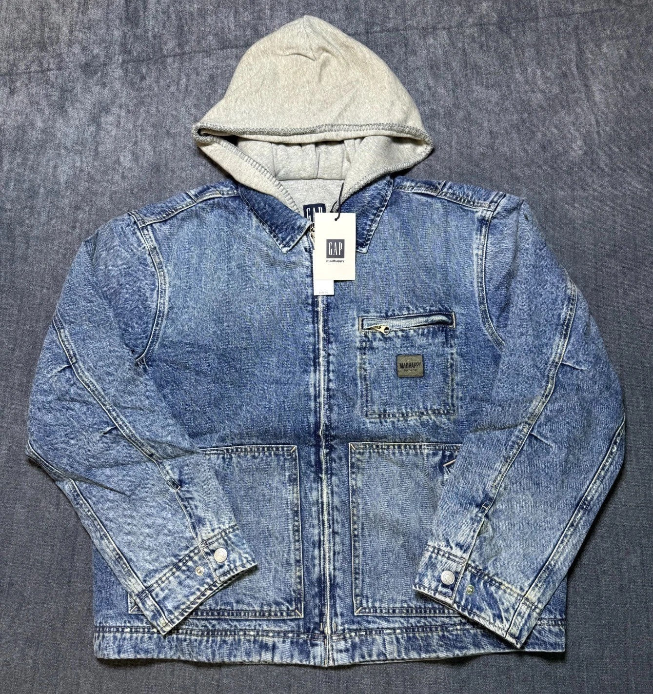 Gap X MadHappy Denim Jacket Men's Medium Blue Full-Zip Hooded Long Sleeve Collar