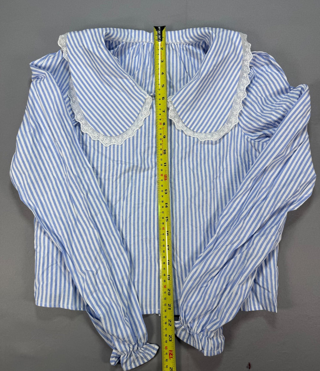 Floerns Striped Button Down Blouse Womens XS Blue White Lace Collar Preppy Shirt