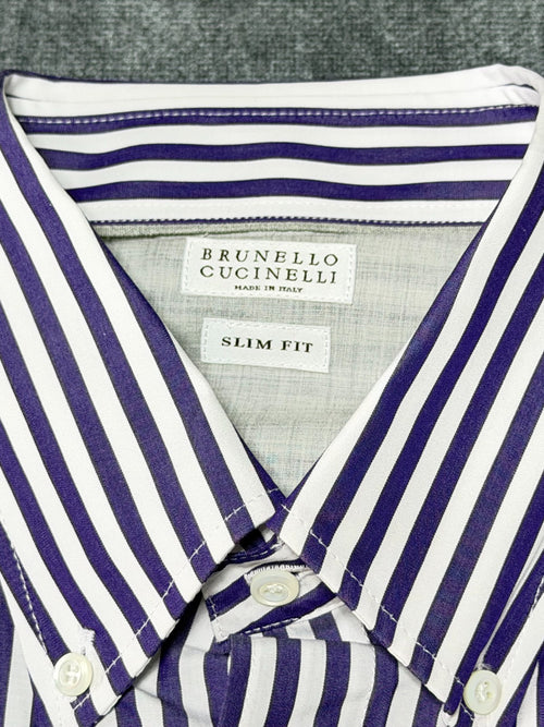 Brunello Cucinelli Button-Up Shirt Men's 2XL Blue/White Striped Slim Fit Collar