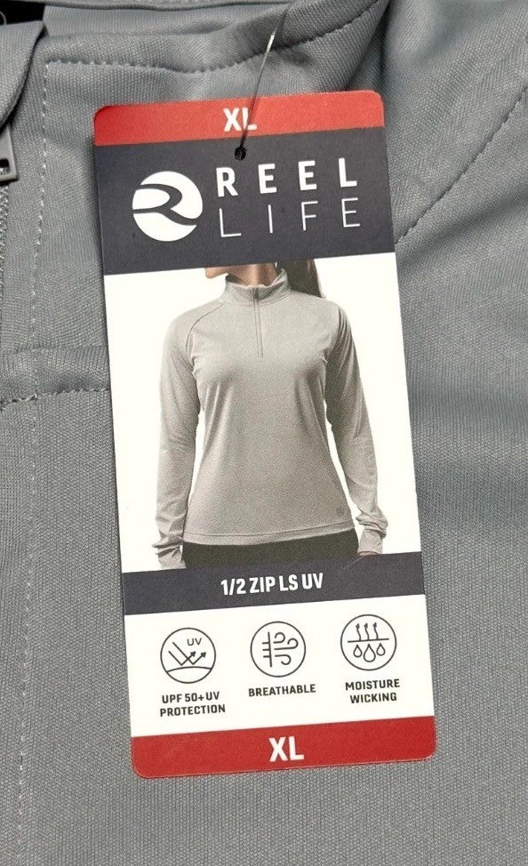 NWT Reel Life Women's Long Sleeve 1/2 Zip LS UV Shirt Size XL Grey
